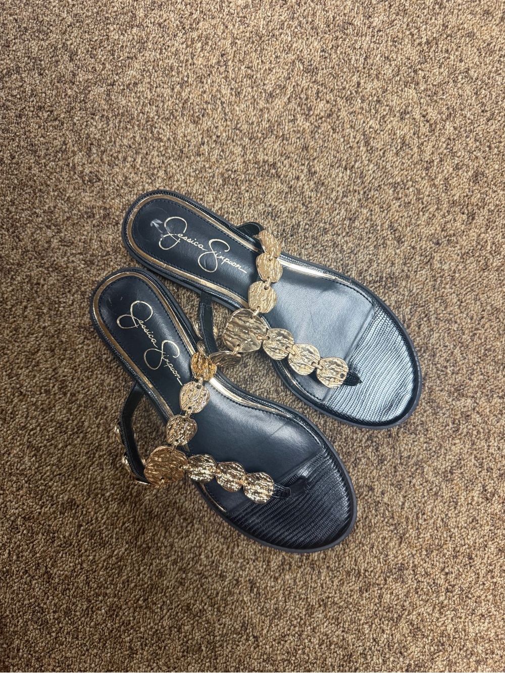 Jessica Simpson Black Sandals with Gold Medallion Chain